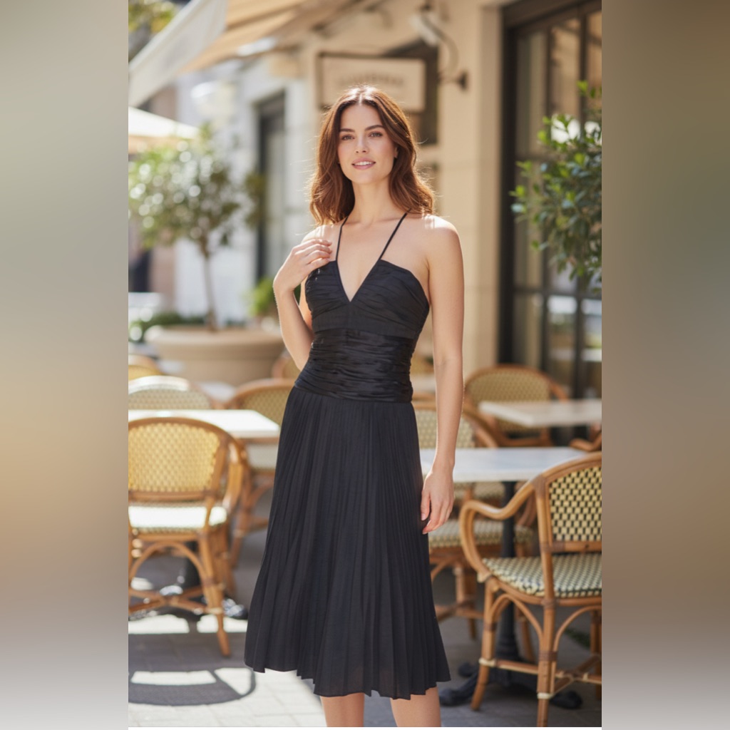 Bcbgmaxazria Black Pleated Eve Halter Midi Dress Nwt